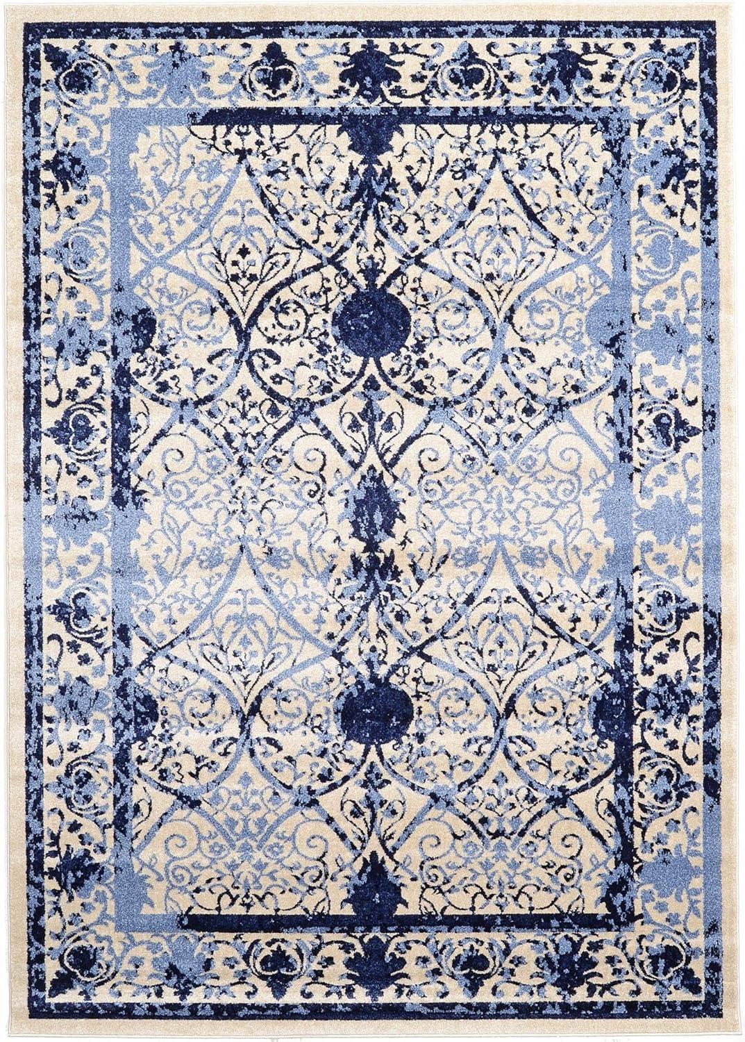 Blue Floral Motif Synthetic Low Pile Area Rug