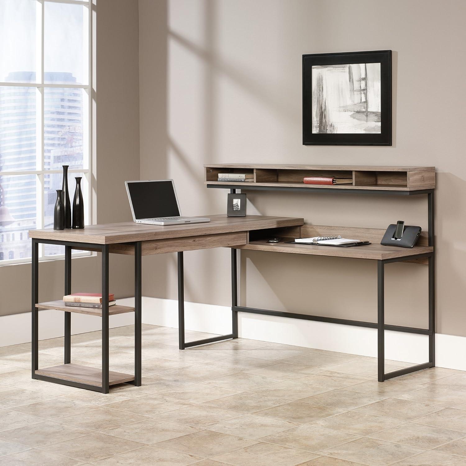 Salt Oak L-Shaped Corner Desk with Drawer and Shelves