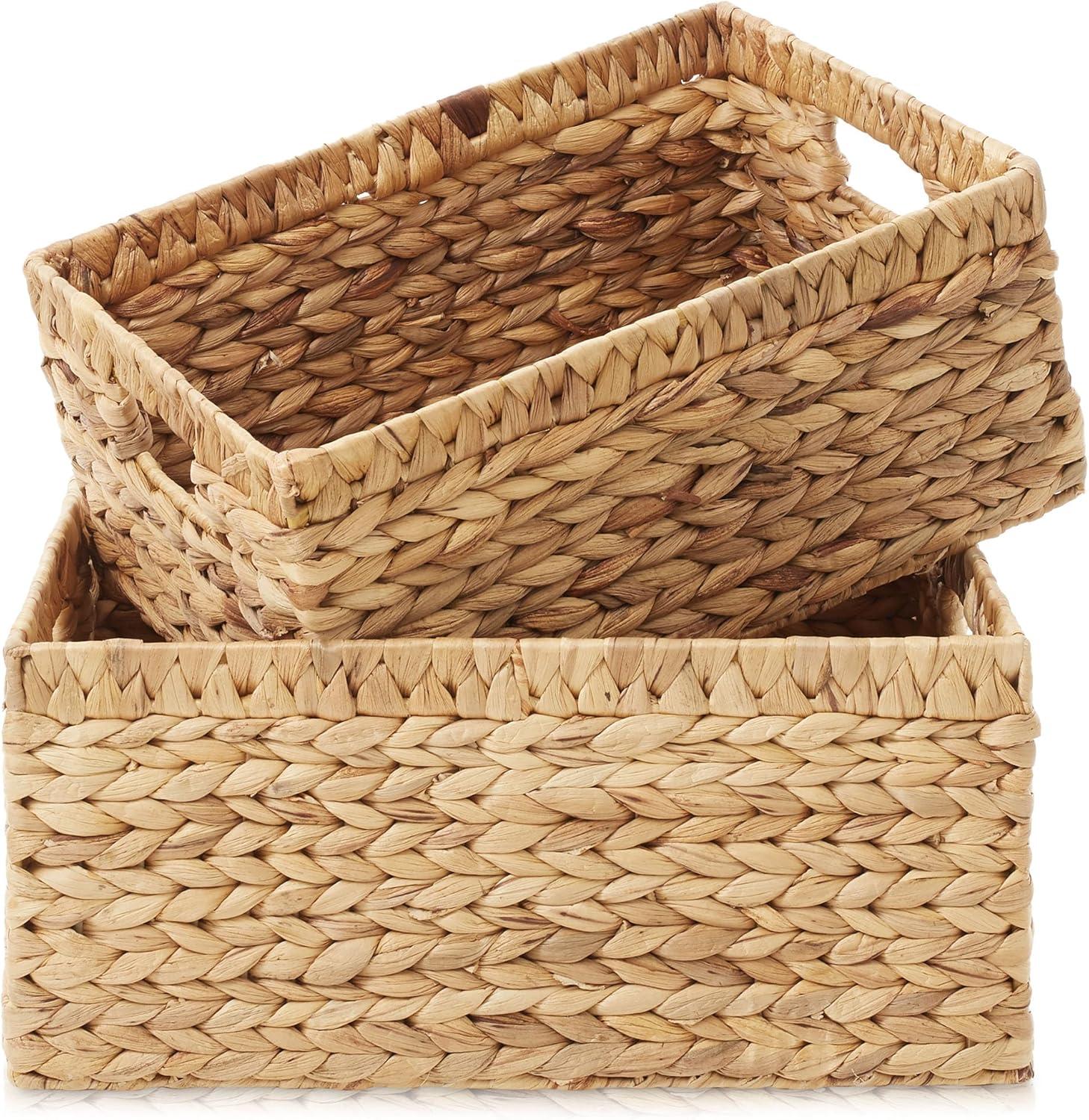 Casafield Water Hyacinth Storage Basket Set with Handles - Woven Organizers for Bathroom, Laundry, Pantry, Office, Shelves