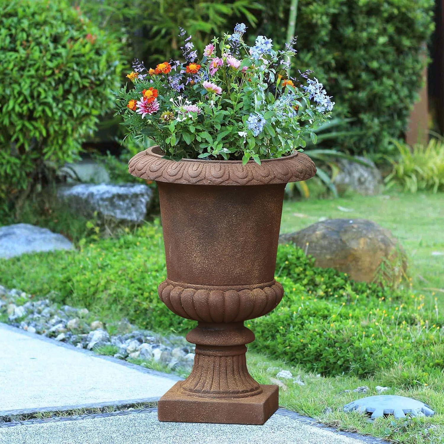 LuxenHome Rustic Brown MgO Indoor/Outdoor Urn Planter, 21.3" H