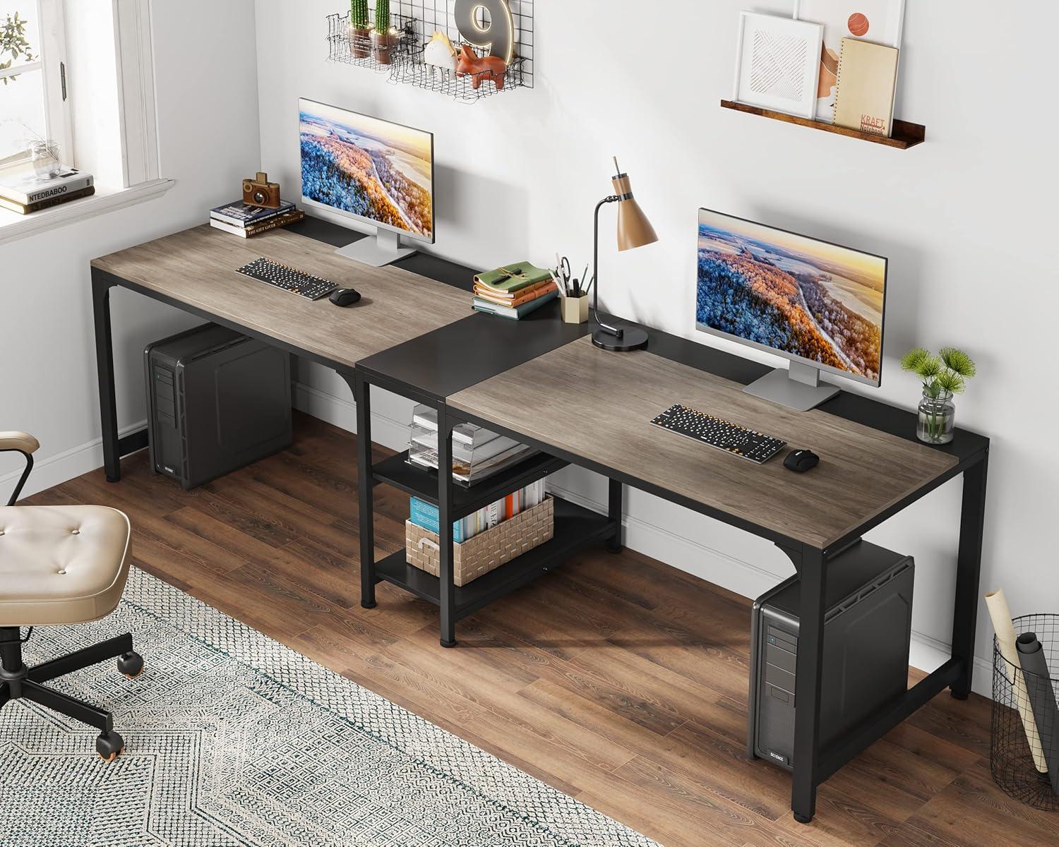 LITTLE TREE 90.55" Double Desk with Storage Shelf Gray/Black