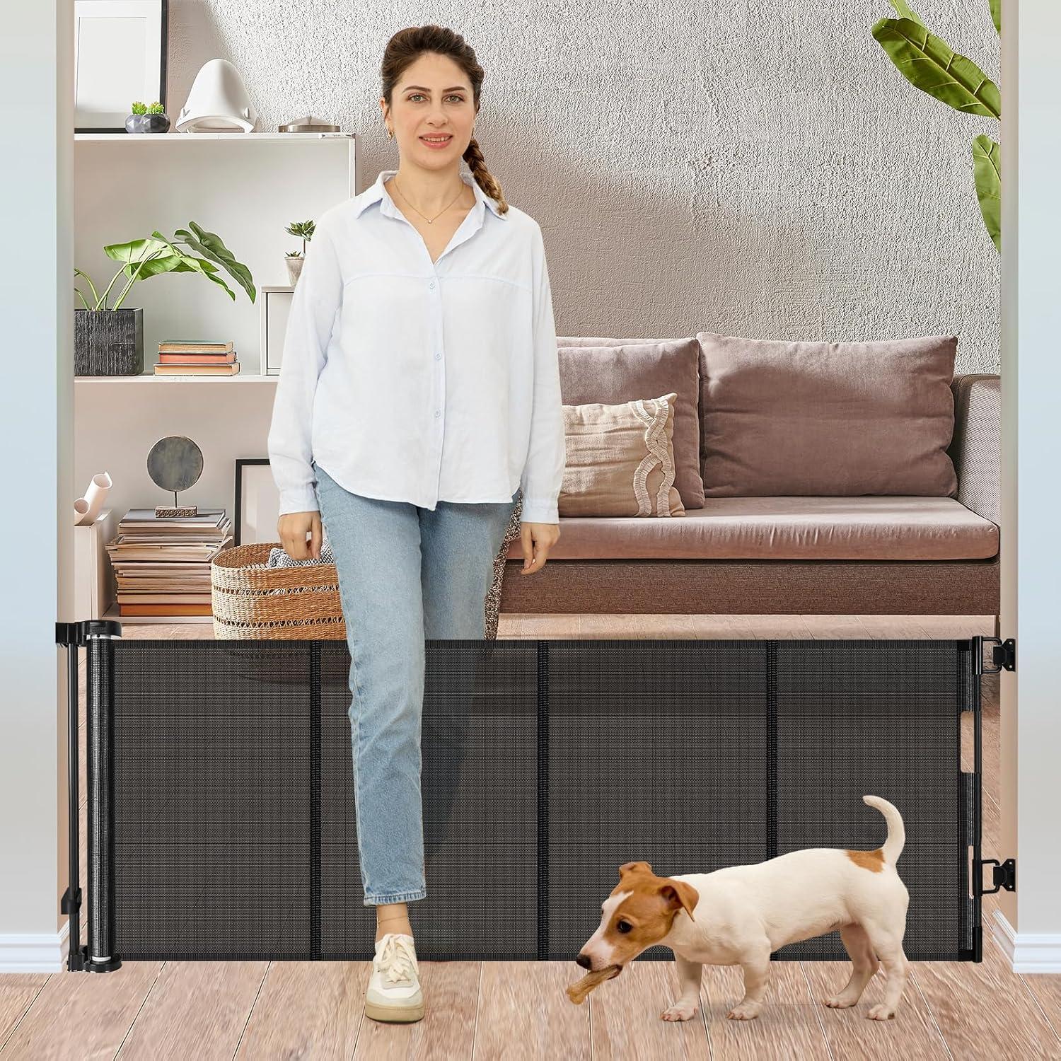 24 Inches Tall Retractable Baby Gates for Doorways, Short Dog Gates to Step Over, Extends up to 55" Wide, Reinforced Mesh Baby Gate for Kids or Pets, Gates Puppy Gates for The House (Black)