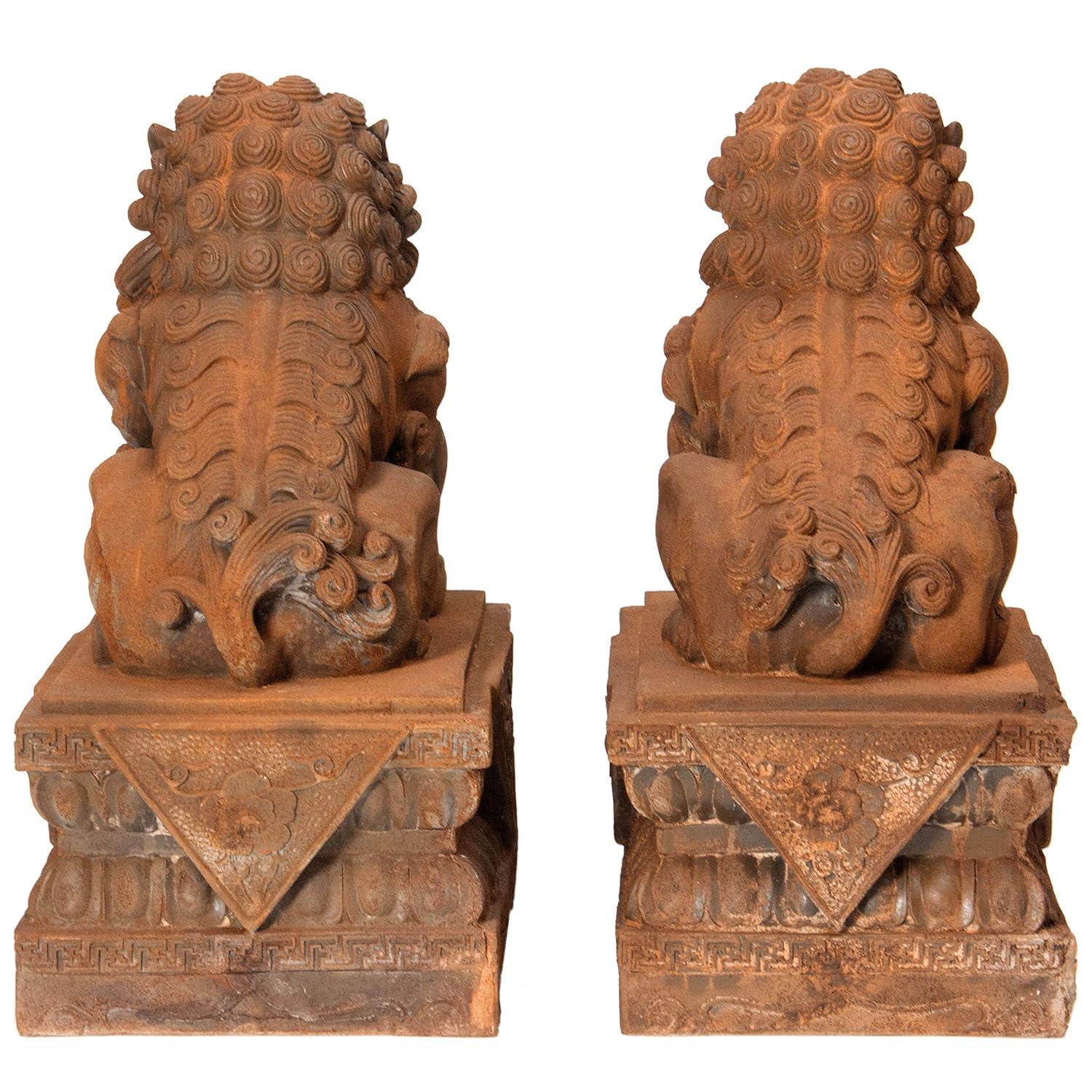 Oriental Furniture 18" Foo Dog Rust Patina Statues, set of 2