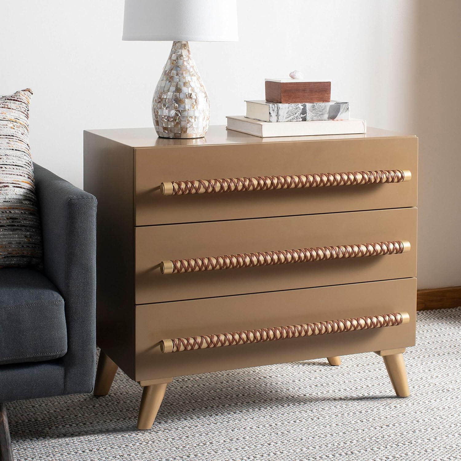 Raquel 3 Drawer Chest - Taupe/Gold/Brown Faux Leather - Safavieh.