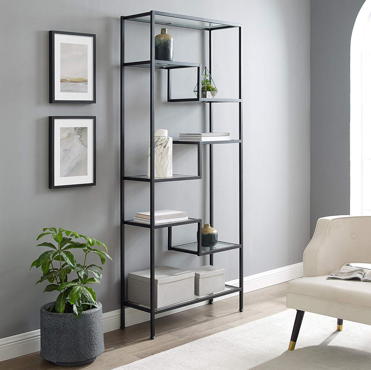 Sloane 83'' Matte Black Modern Glass Etagere