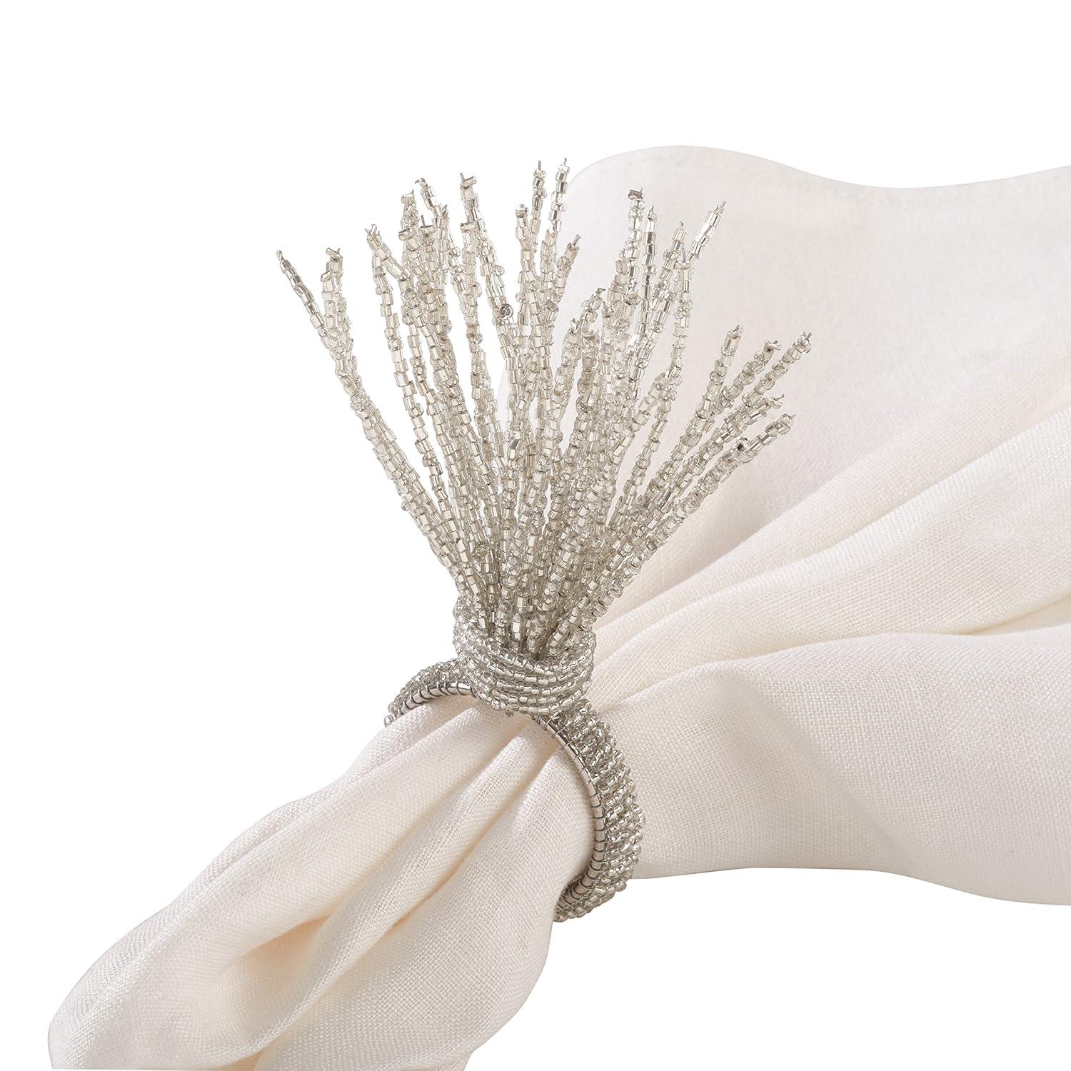 Saro Lifestyle Beaded Spray Design Wedding Special Event Napkin Ring (Set of 4), Silver