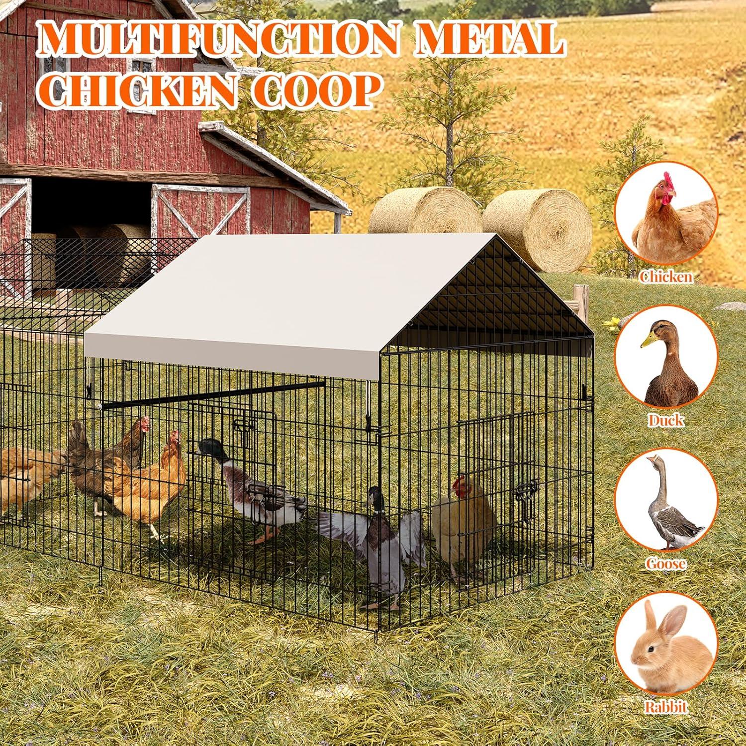 Metal Chicken Coop, 86 x 40 x 40 Inch Chicken Run for Yard with Waterproof Cover, Outdoor Portable Chicken Pen with 4 Doors, 1 Window, Chicken House for Small Animals Duck, Rabbit, Hen