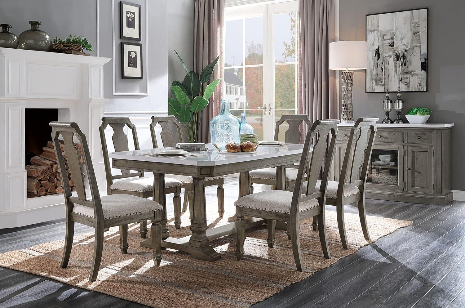 Elegant Transitional Marble-Top Extendable Dining Table in Weathered Oak