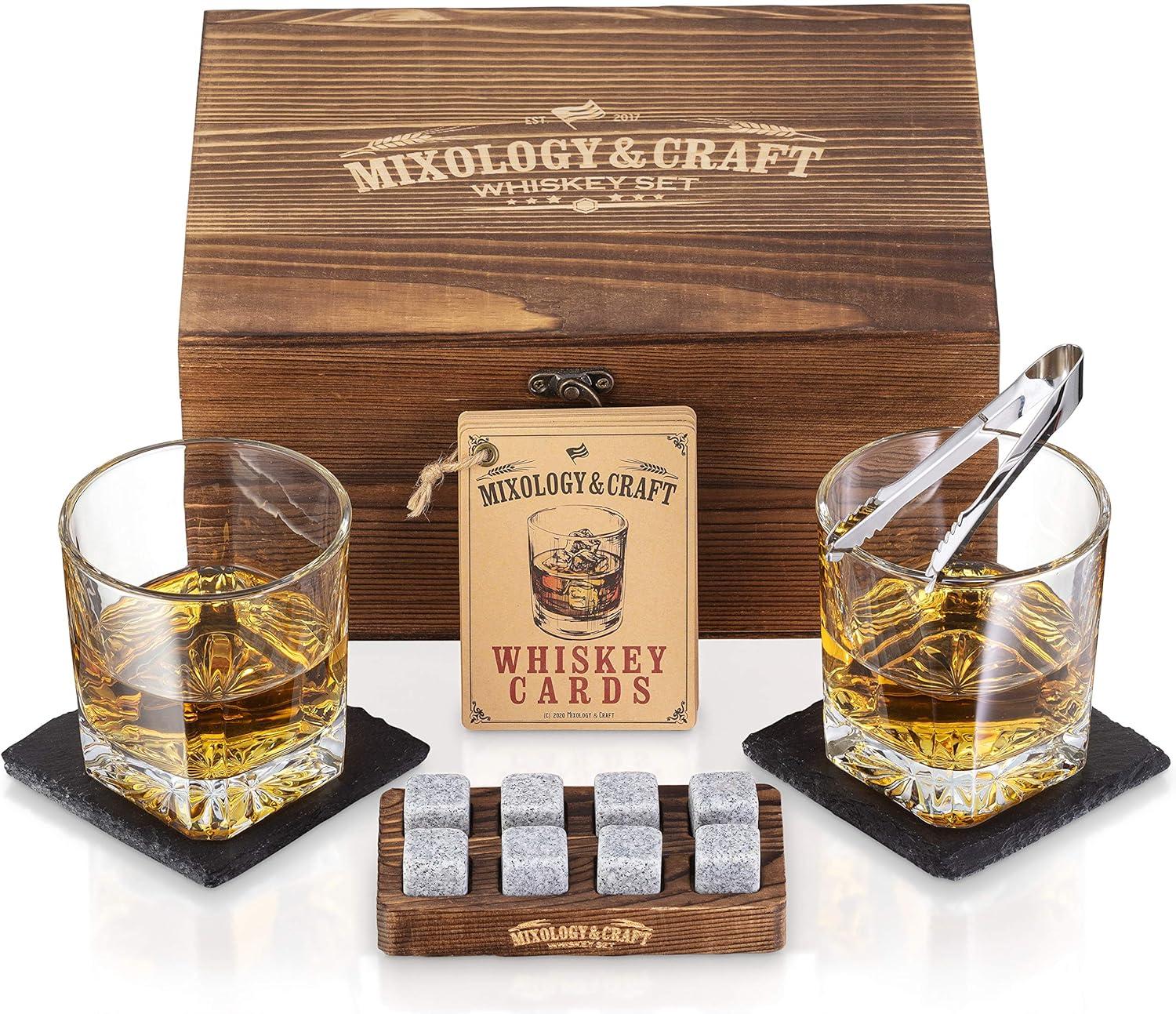 Rustic Wooden Whiskey Gift Set with Granite Stones and Crystal Glasses