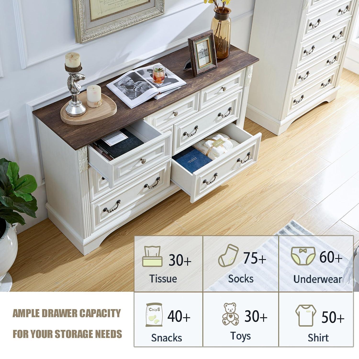 Farmhouse 7 Drawers Dresser, Dressers for Bedroom, 54" Wide Wood Rustic Chest of Drawers with Carved Pilasters, Storage Organizer, Living Room, Hallway, Antique White
