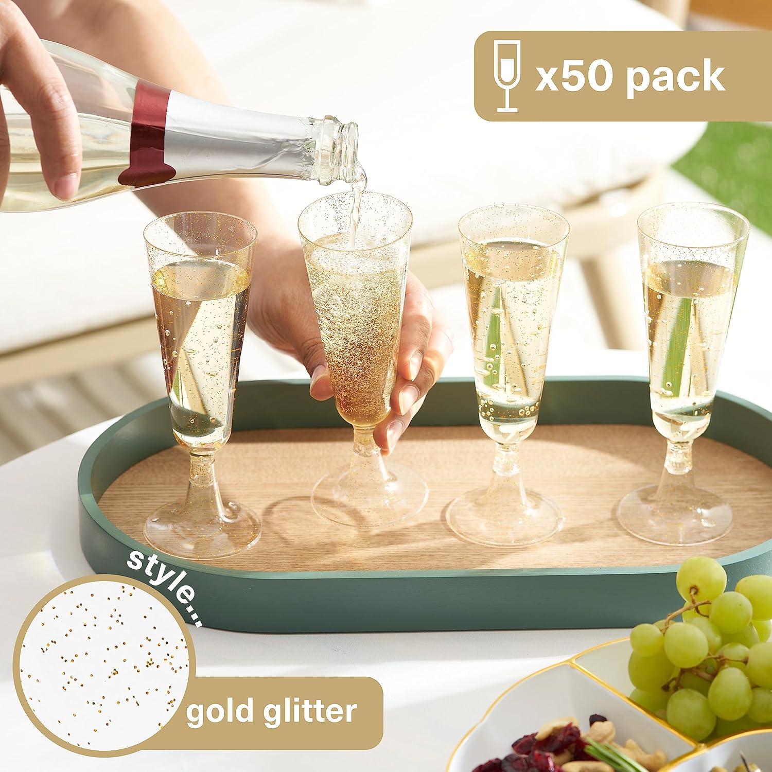 MATANA 50 Premium Plastic Champagne Flutes, Gold Glitter, 5oz - Reusable Champagne Glasses, Cocktail Glasses, Mimosa Glasses for Cocktails, Dessert, Wine - Toasting Glasses for Parties, Weddings