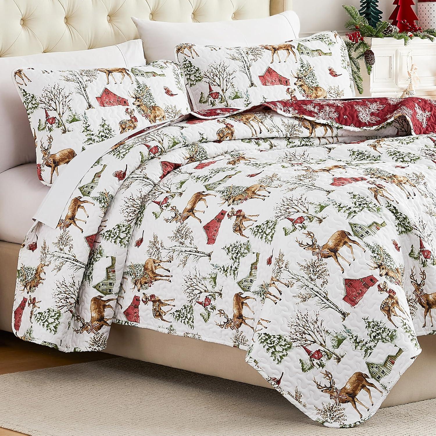 White and Red Reversible Christmas Twin Microfiber Quilt Set