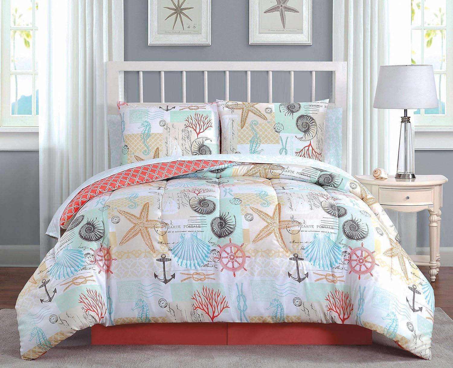 Belize Coastal Coral and Aqua Queen Comforter Set