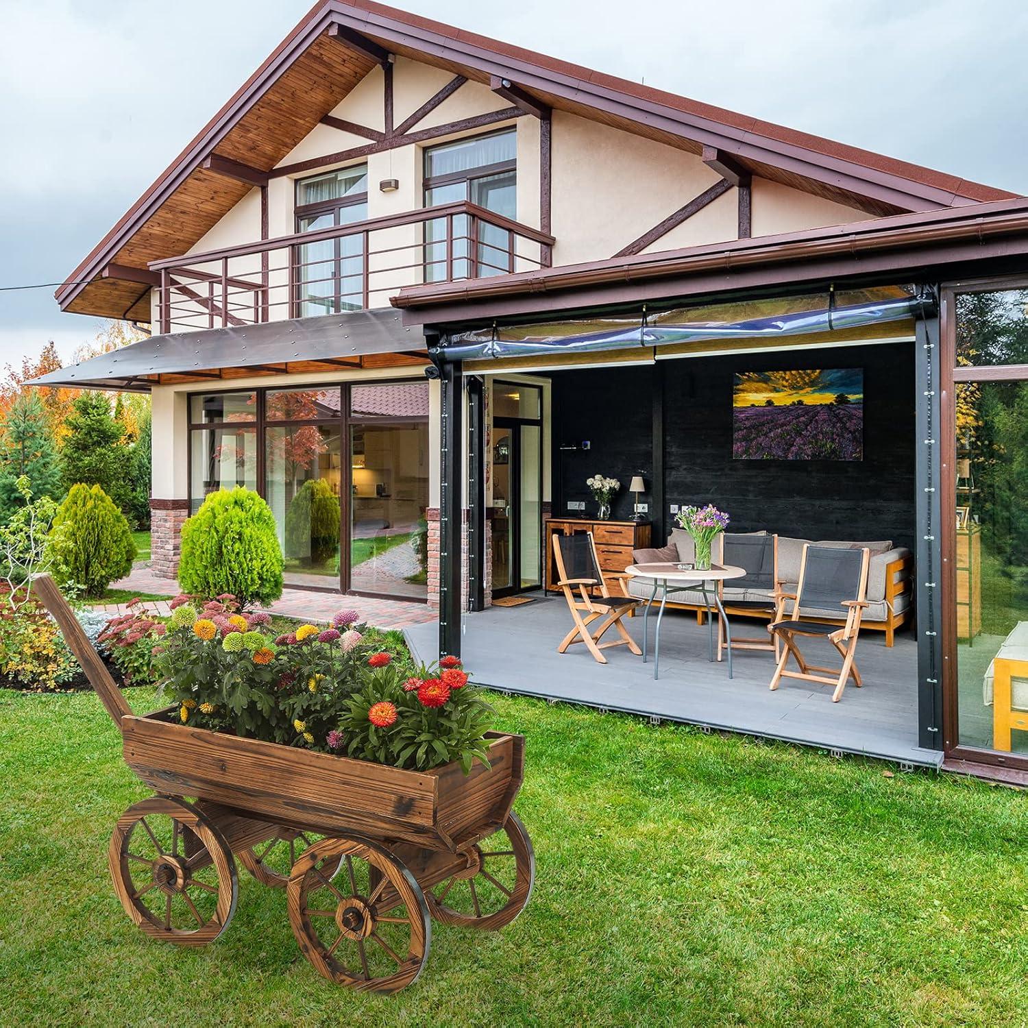 Rustic Cedar Wood Wagon Planter with Wheels for Outdoor Use