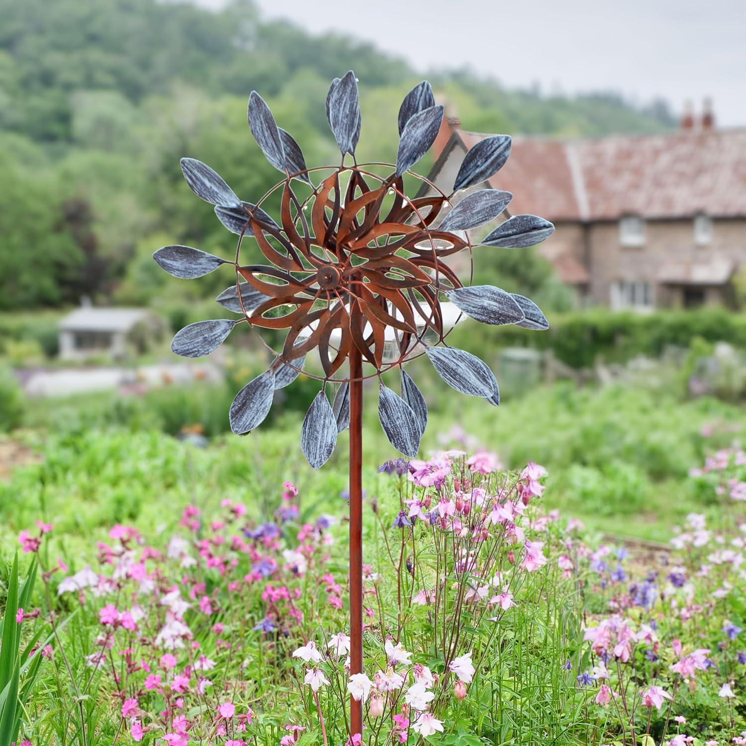 Blue and Brown Iron Dual-Blade Garden Wind Spinner