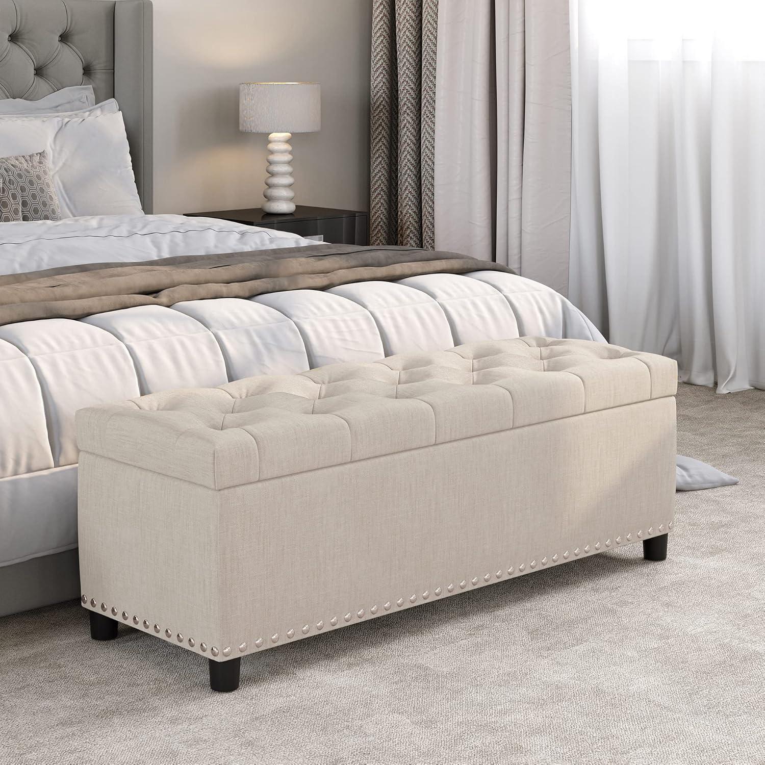BELLEZE Button-Tufted Linen Storage Ottoman Bench - Brentwood (Dark Gray)