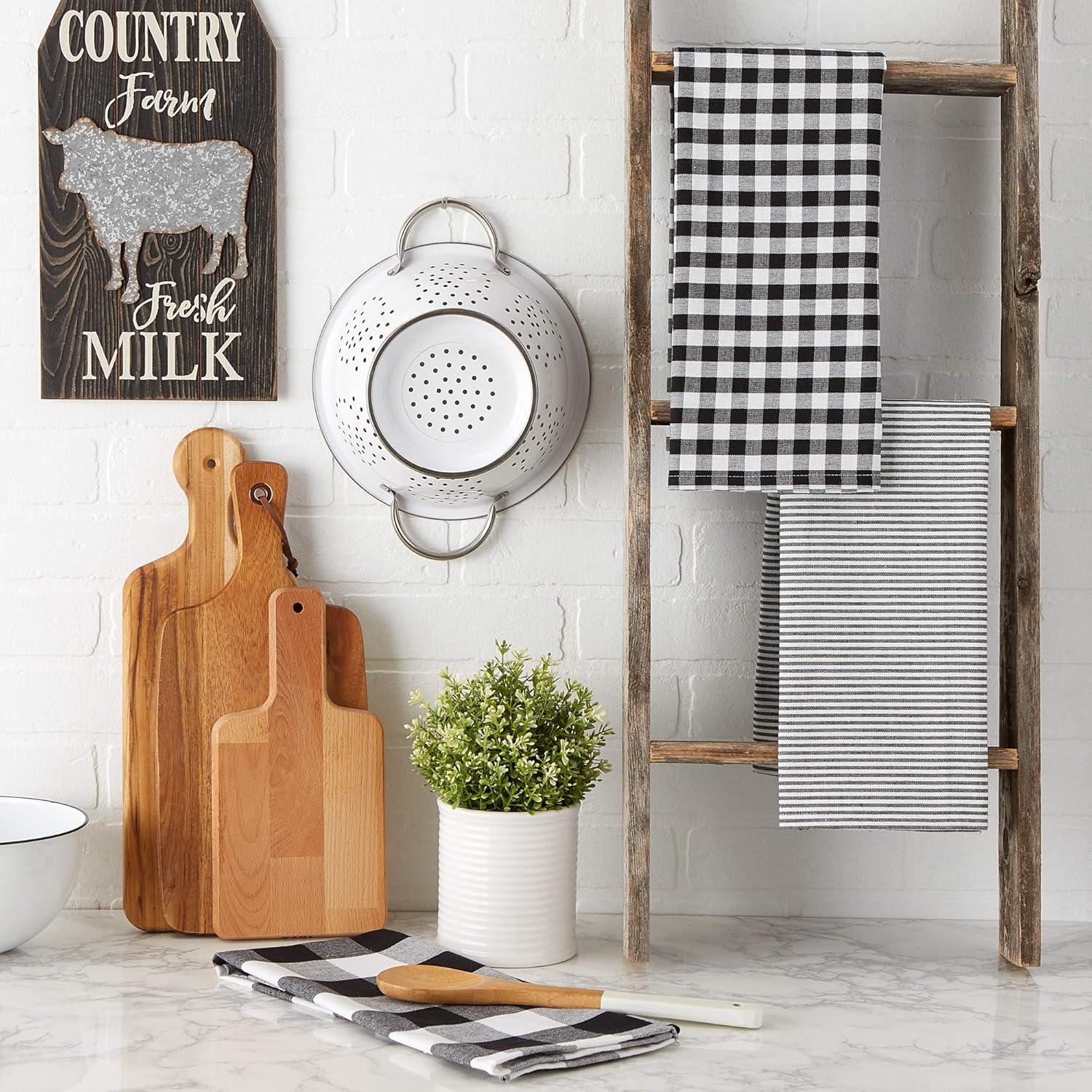 Design Imports  Dishtowel Set Gingham/Buffalo Check 3 Piece, 20X30", Black