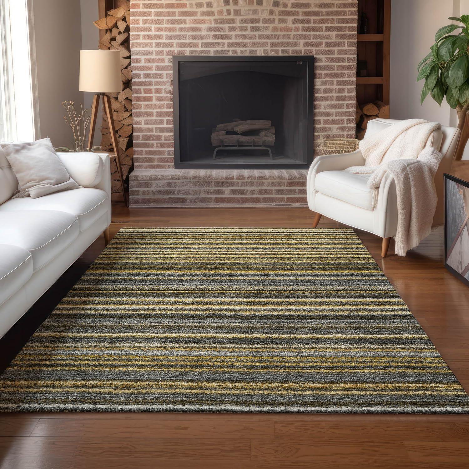 Gold and Gray Striped Synthetic 8' x 10' Washable Rug