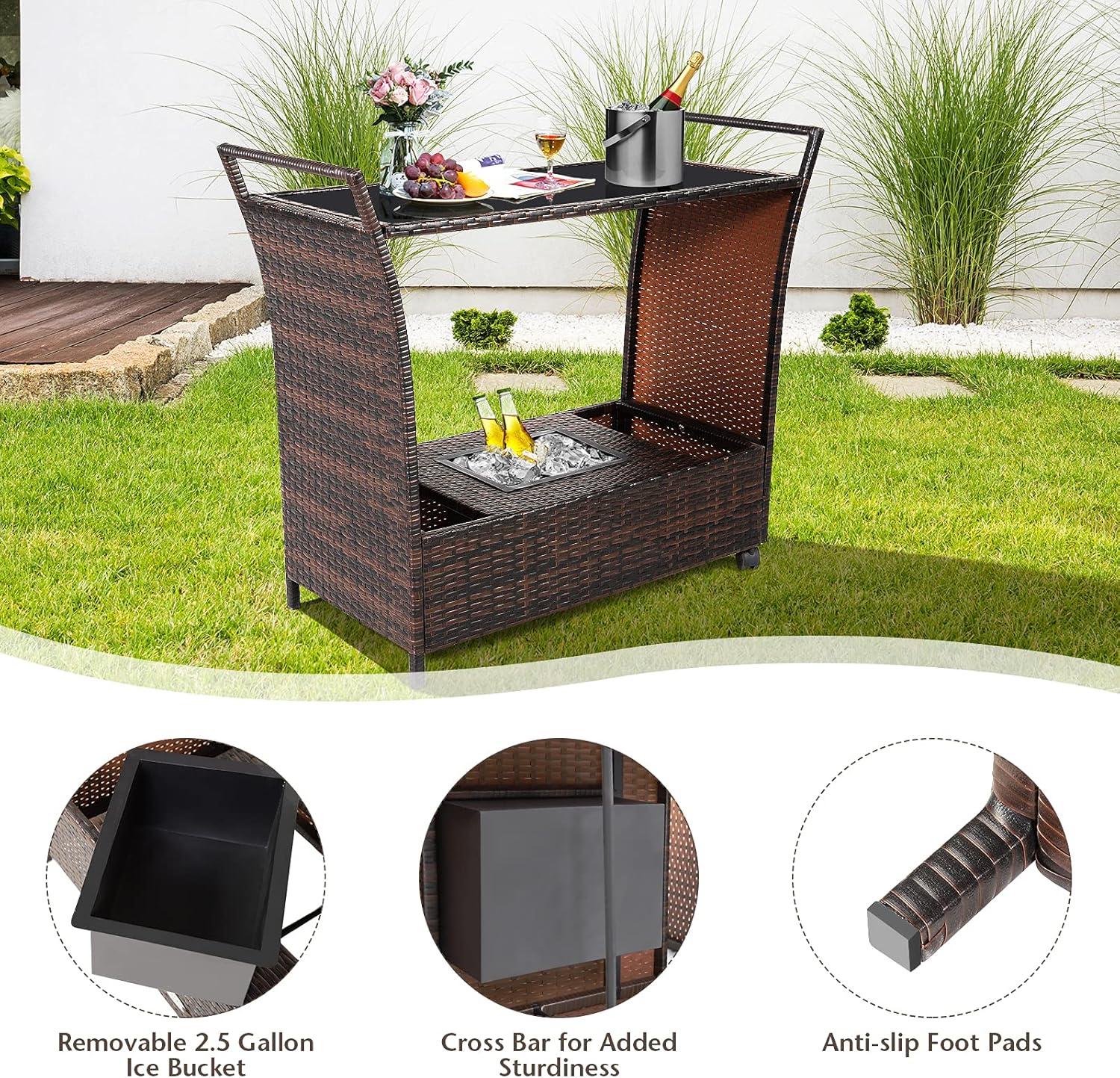 RELAX4LIFE Outdoor Wicker Bar Cart with Removable Ice bucket, Patio Serving Counter Table with Glass Top & Wheels, Storage Compartments Rattan Rolling Trolley for Pool, Backyard,Porch Wine Cart, Brown