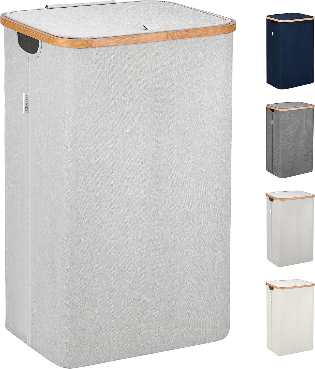 Light Grey Bamboo and Fabric Collapsible Laundry Hamper with Lid