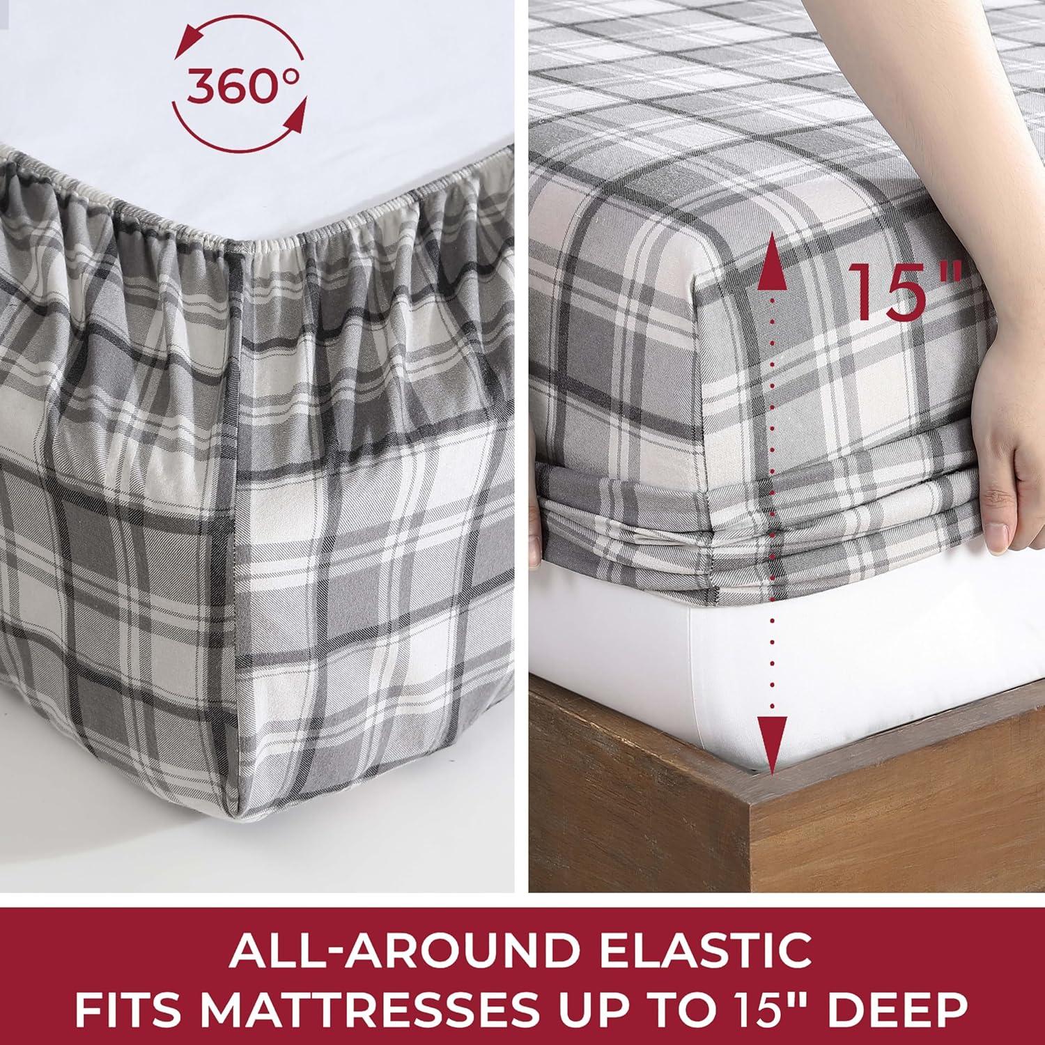 Winter Nights Cotton Flannel Bed Sheet Set, Full, Gray Plaid