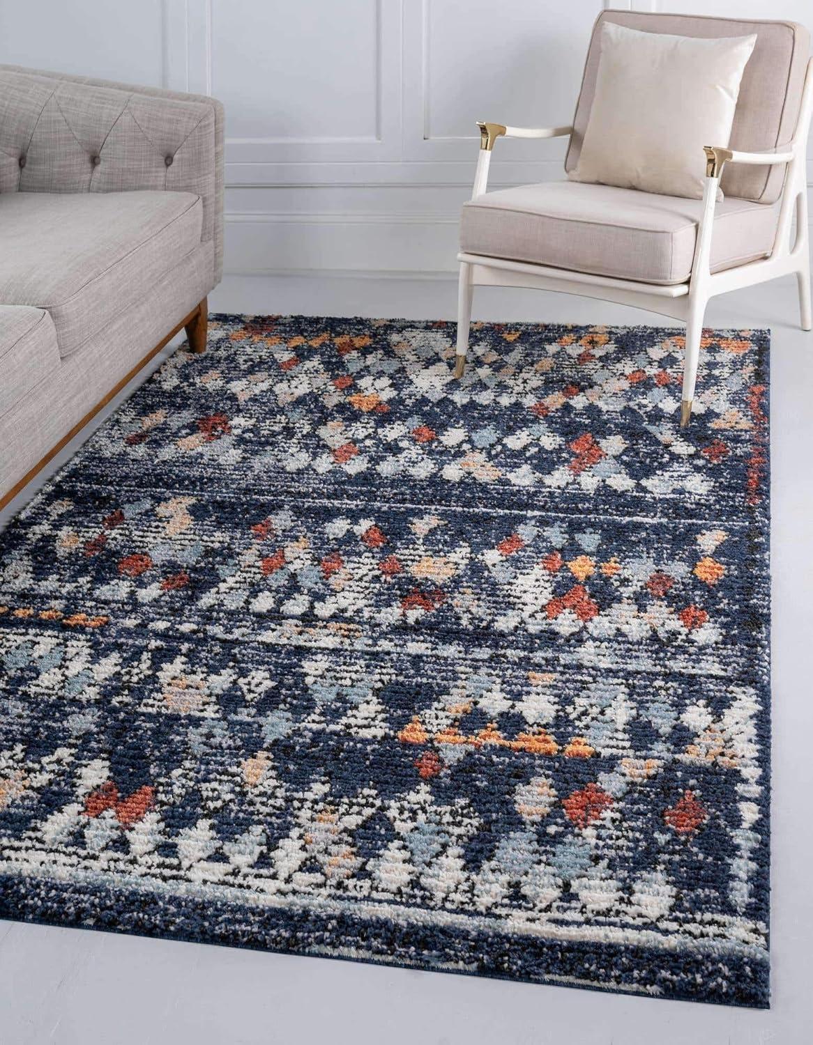 Unique Loom Morocco Collection Abstract Border, Diamond, Bohemian Area Rug, 4 ft x 6 ft, Navy Blue/Black