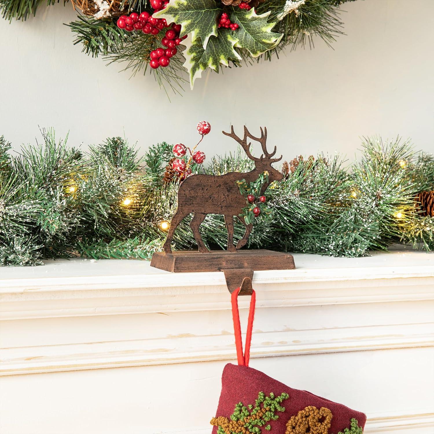 6.5" Brown and Green Unique Wooden Reindeer Stocking Holder