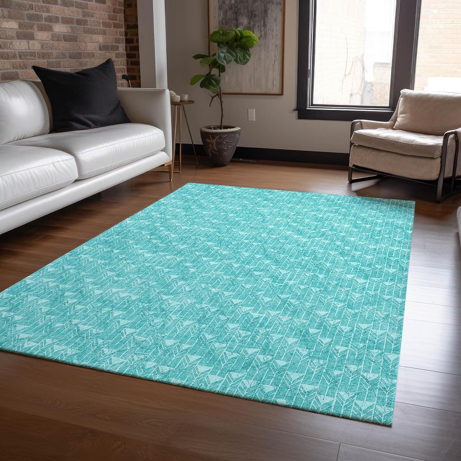 Teal Geometric Pattern Washable Synthetic Area Rug 3' x 5'