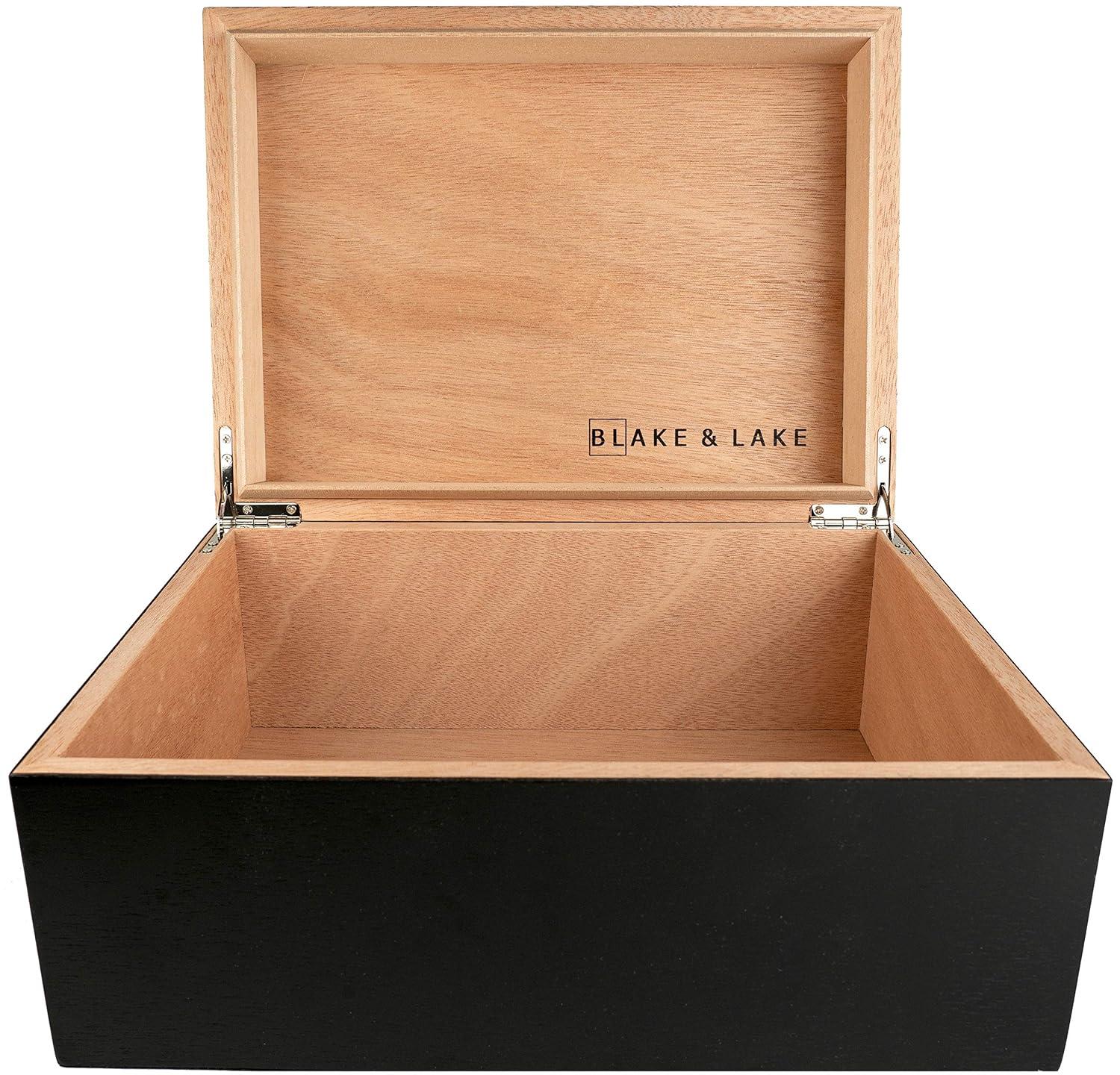 Black Wooden Storage Box with Hinged Lid and Locking Key- Large Keepsake Box with Lock - Wood Chest with Matte Finish - Store Jewelry Keepsakes Photos Gift Boxes (Black)