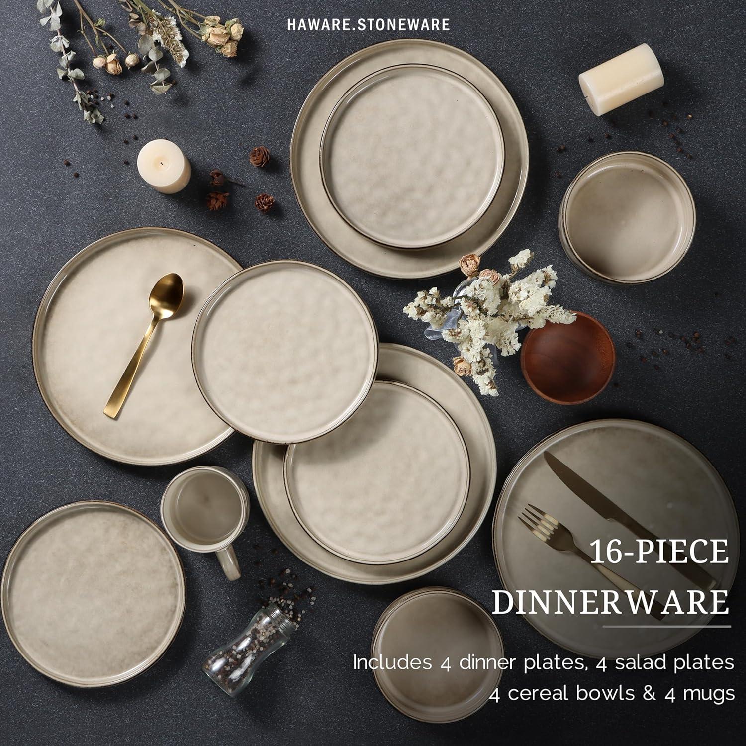 HaWare Dinnerware Sets, 16-Piece Stoneware Dinner Plates and Bowls for 4, Reactive Glaze Dishes Mug, Chip & Scratch Resistant, Microwave & Dishwasher Safe - Reactive Khaki