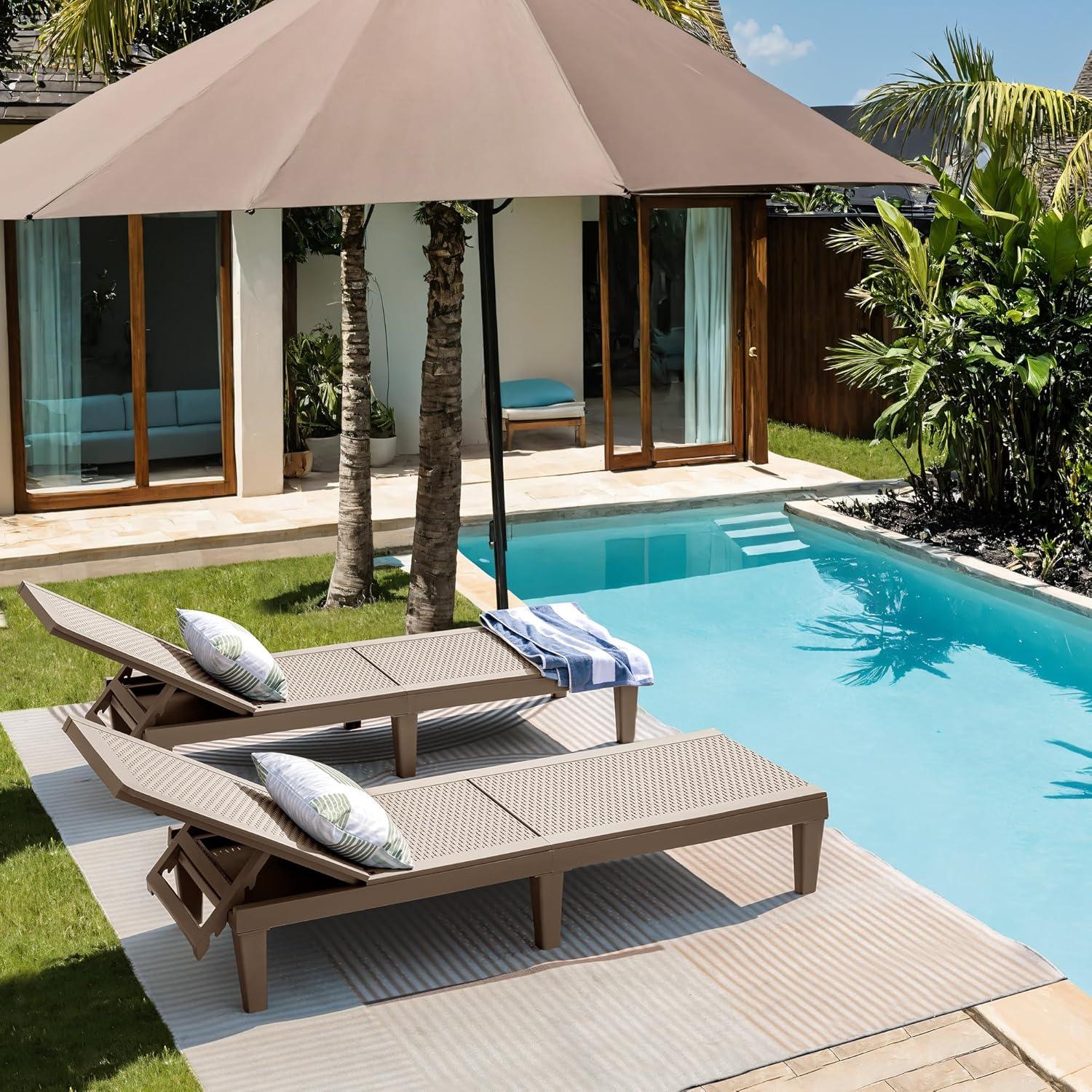 JUMMICO Patio Chaise Lounge Chair Set of 2 Outdoor PE Waterproof Adjustable Easy Assembly Lounge Chairs for Outside Pool Garden Deck Beach (Light Brown, Set of 2)