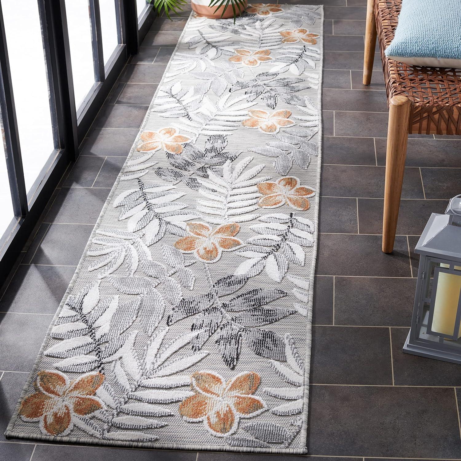 SAFAVIEH Cabana Blazhe Botanical Indoor/Outdoor Runner Rug, Grey/Ivory, 2' x 9'