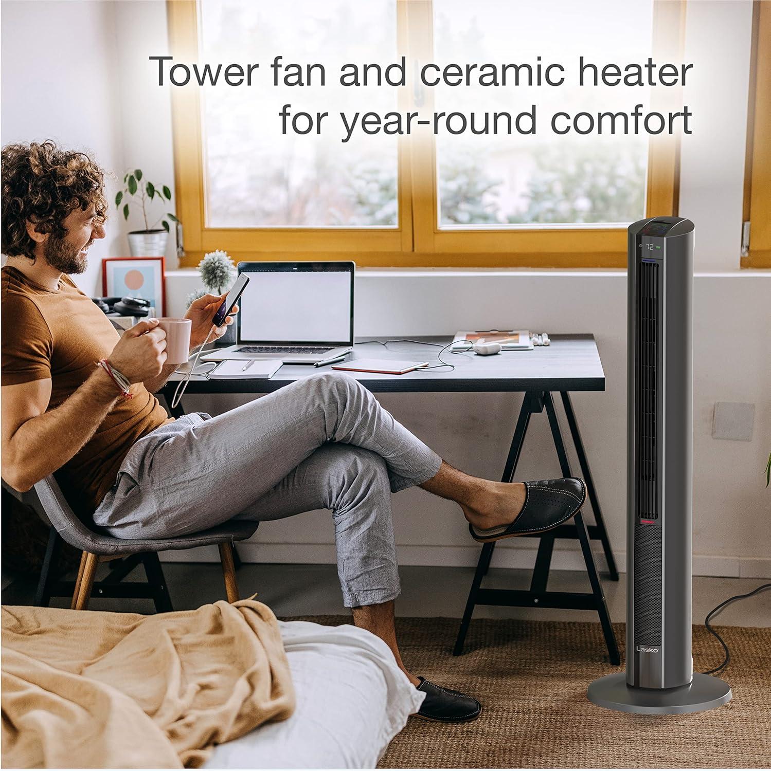 Lasko 42" 1500W All Season Tower Fan and Space Heater with Timer and Remote, Gray, FH515, New