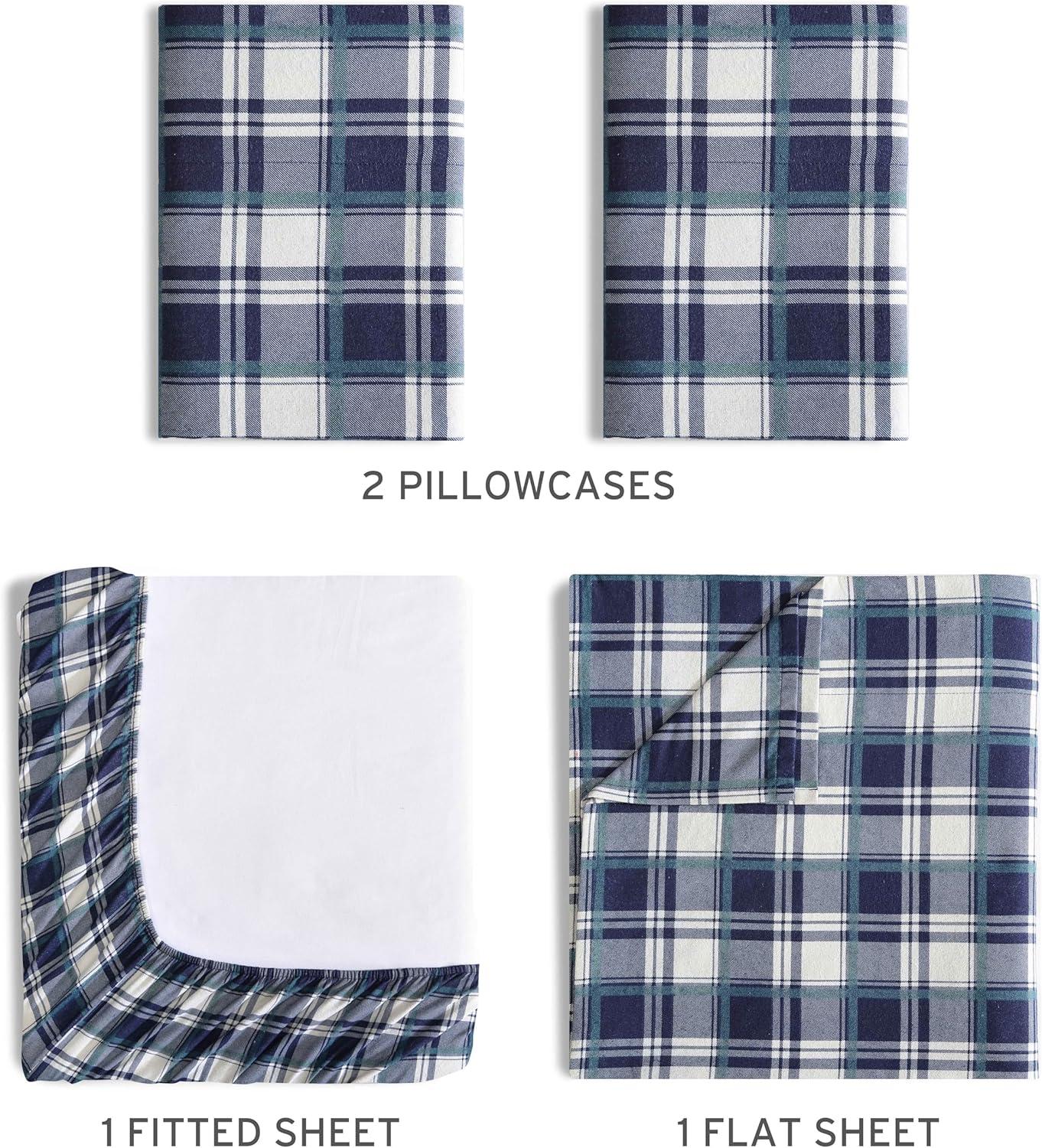 Winter Nights Cotton Flannel Sheet Set, Queen, Navy Plaid