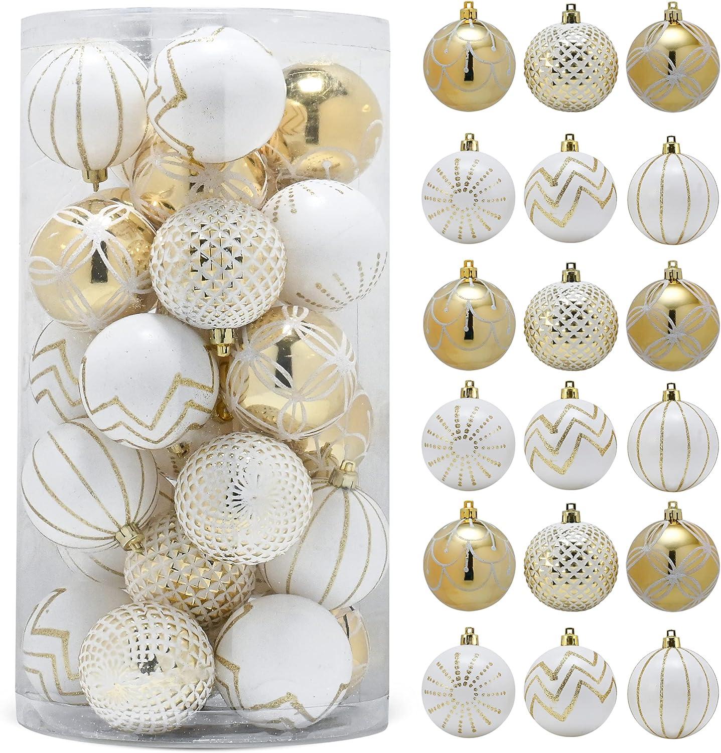 Gold and White Shatterproof Plastic Christmas Ball Ornaments Set