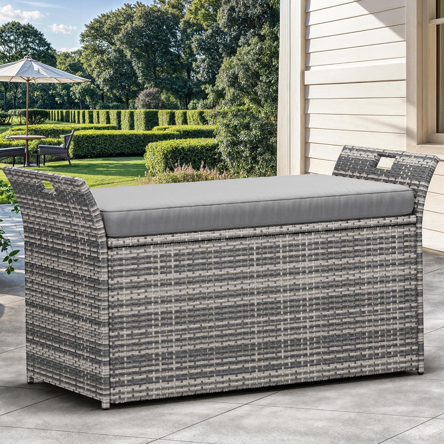 Gray Wicker and Polyethylene Outdoor Storage Bench with Cushion