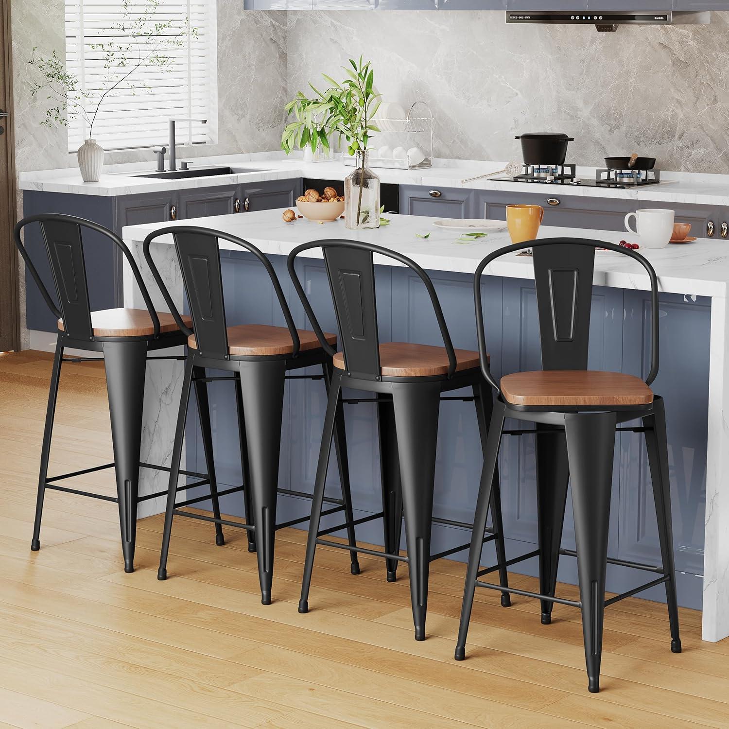 Alunaune 26" Swivel Metal Bar Stools Set of 4 High Back Counter Height Barstools Industrial Dining Bar Chairs with Large Wooden Seat-Matte Black