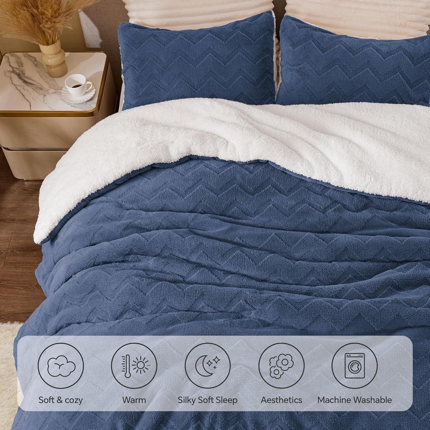 Navy Blue Sherpa Reversible Queen Comforter Set