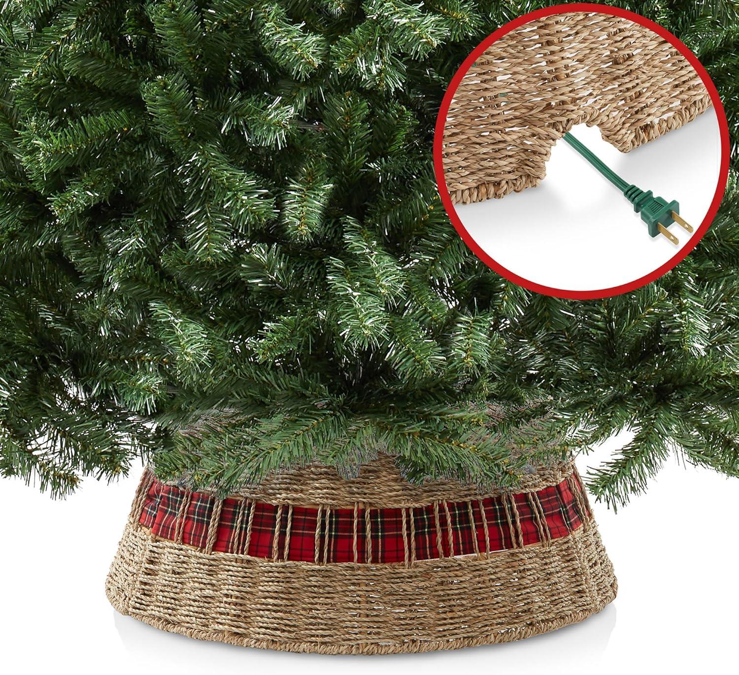 Casafield 24-Inch Seagrass Hyacinth Christmas Tree Collar, Woven Farmhouse Tree Base Cover with Cord Cut Out, Natural