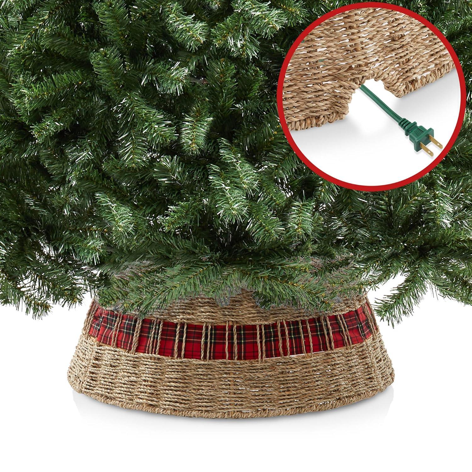 Casafield 24-Inch Seagrass Hyacinth Christmas Tree Collar, Woven Farmhouse Tree Base Cover with Cord Cut Out, Natural