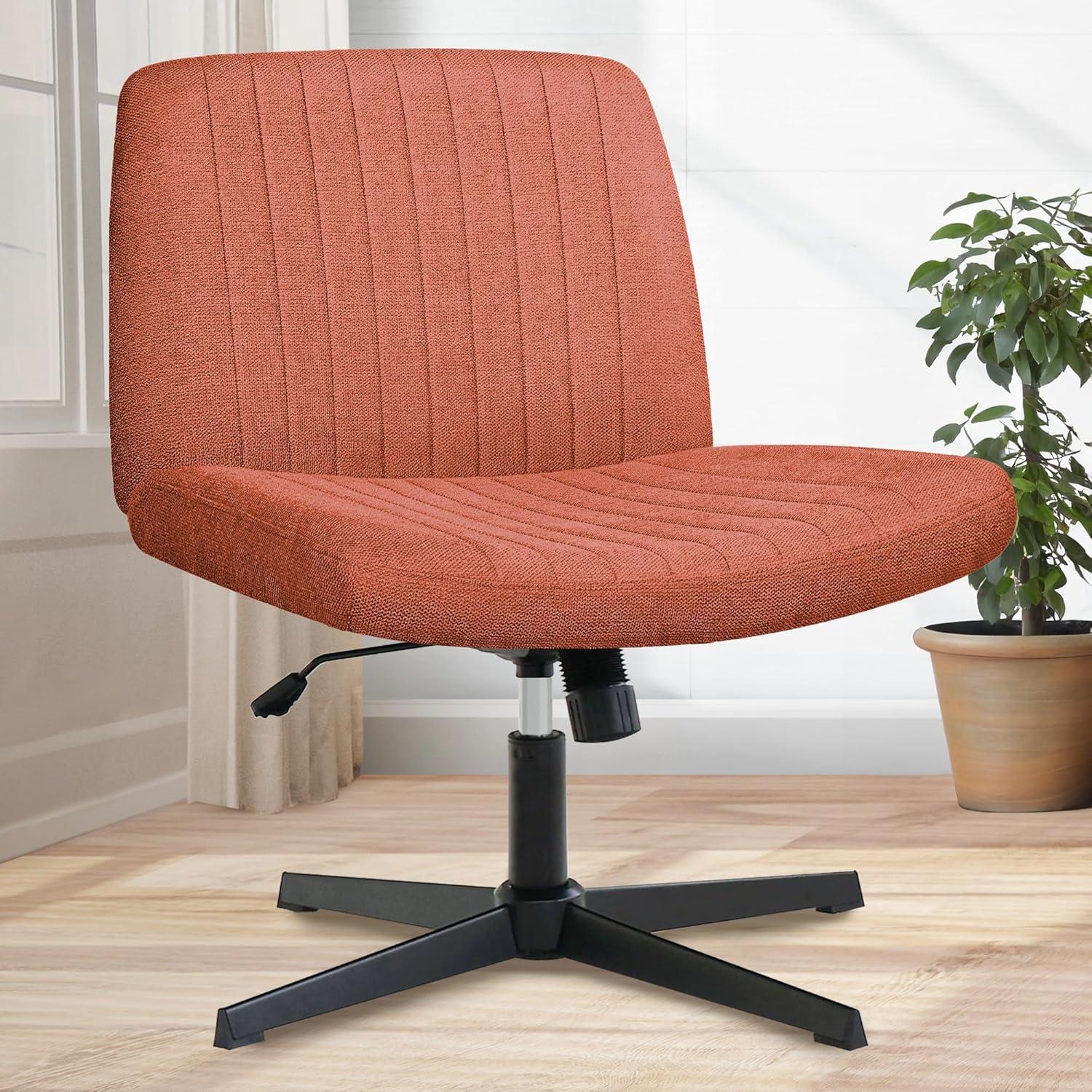 Orange Factory Brown Office Chair, Armless Criss Cross Legged Chair No Wheels, Comfy Home Office Desk Chairs, Adjustable Swivel Padded Fabric Vanity Task Computer Chair