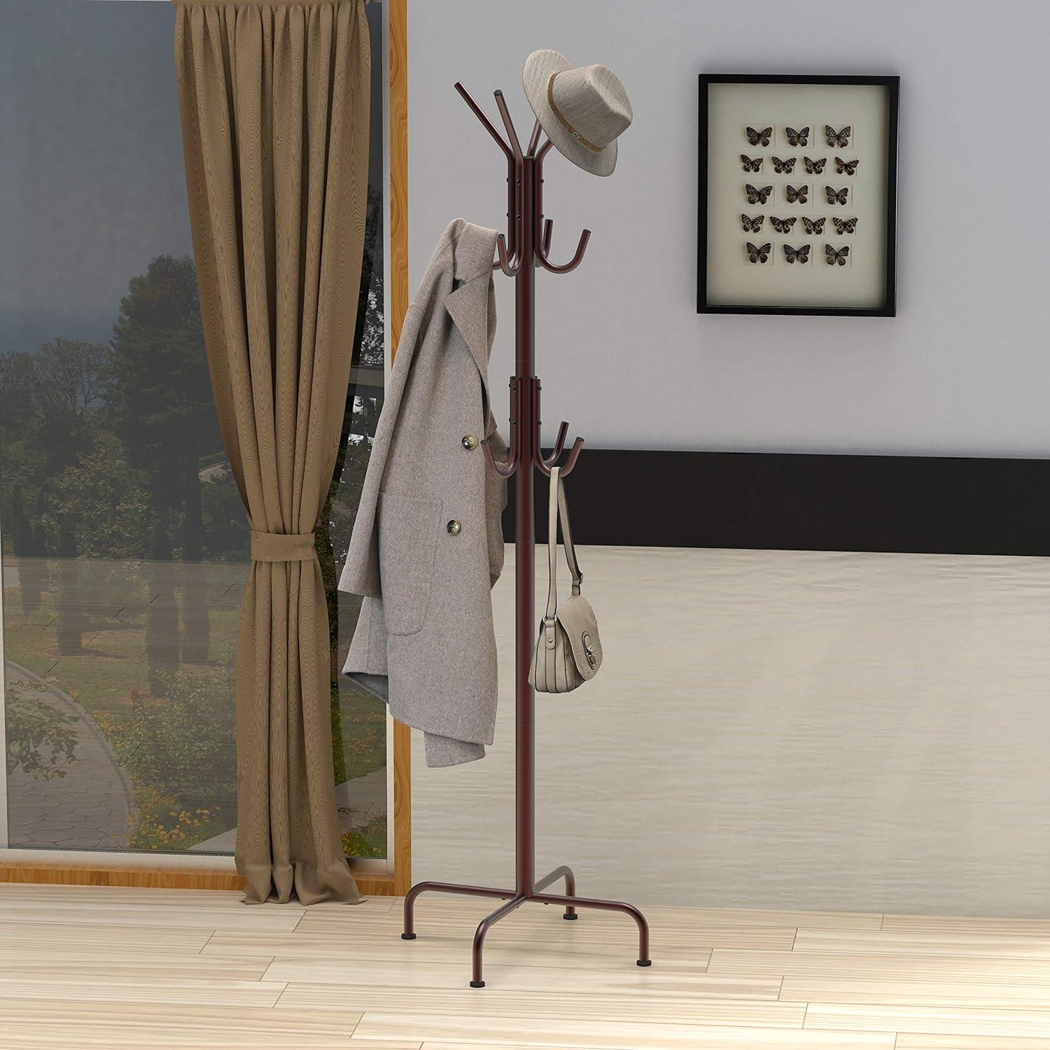 Bronze Metal Freestanding Coat and Hat Rack with 12 Hooks