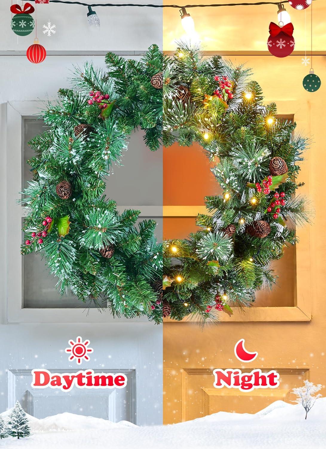 24in Prelit Christmas Wreath Battery Operated 50 Multicolored Lights with Pinecone and Red Berries, Lifelike Snow