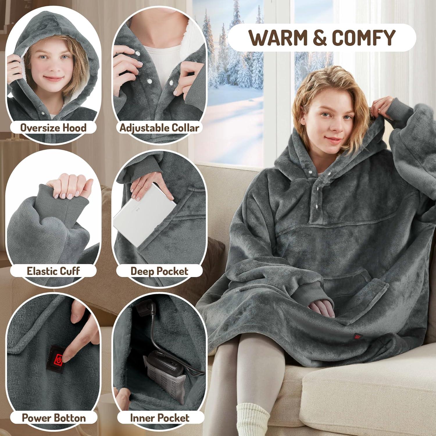 Gray Fleece Sherpa Hooded Heated Wearable Blanket