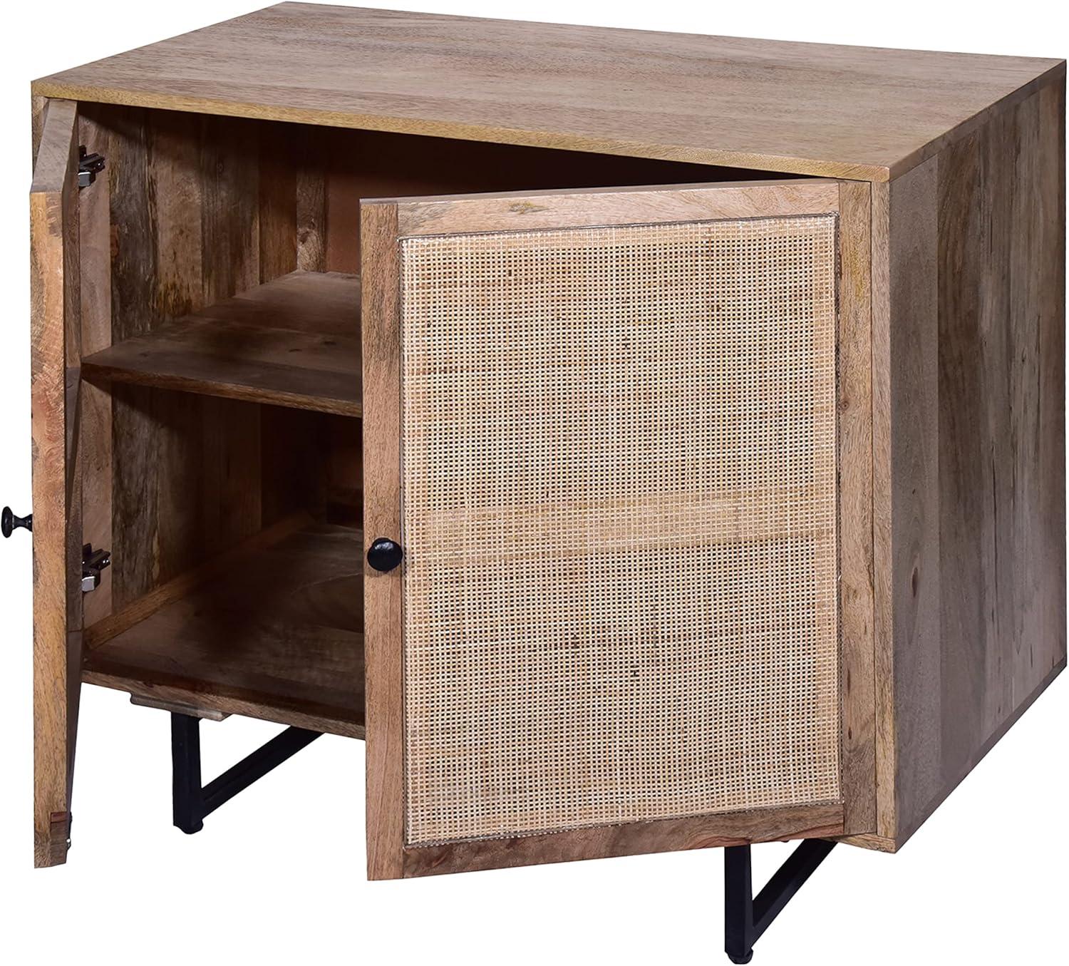 35 Inch Handcrafted Accent Cabinet with 2 Mesh Rattan Doors Black Iron Legs Natural Brown Mango Wood Frame - Saltoro