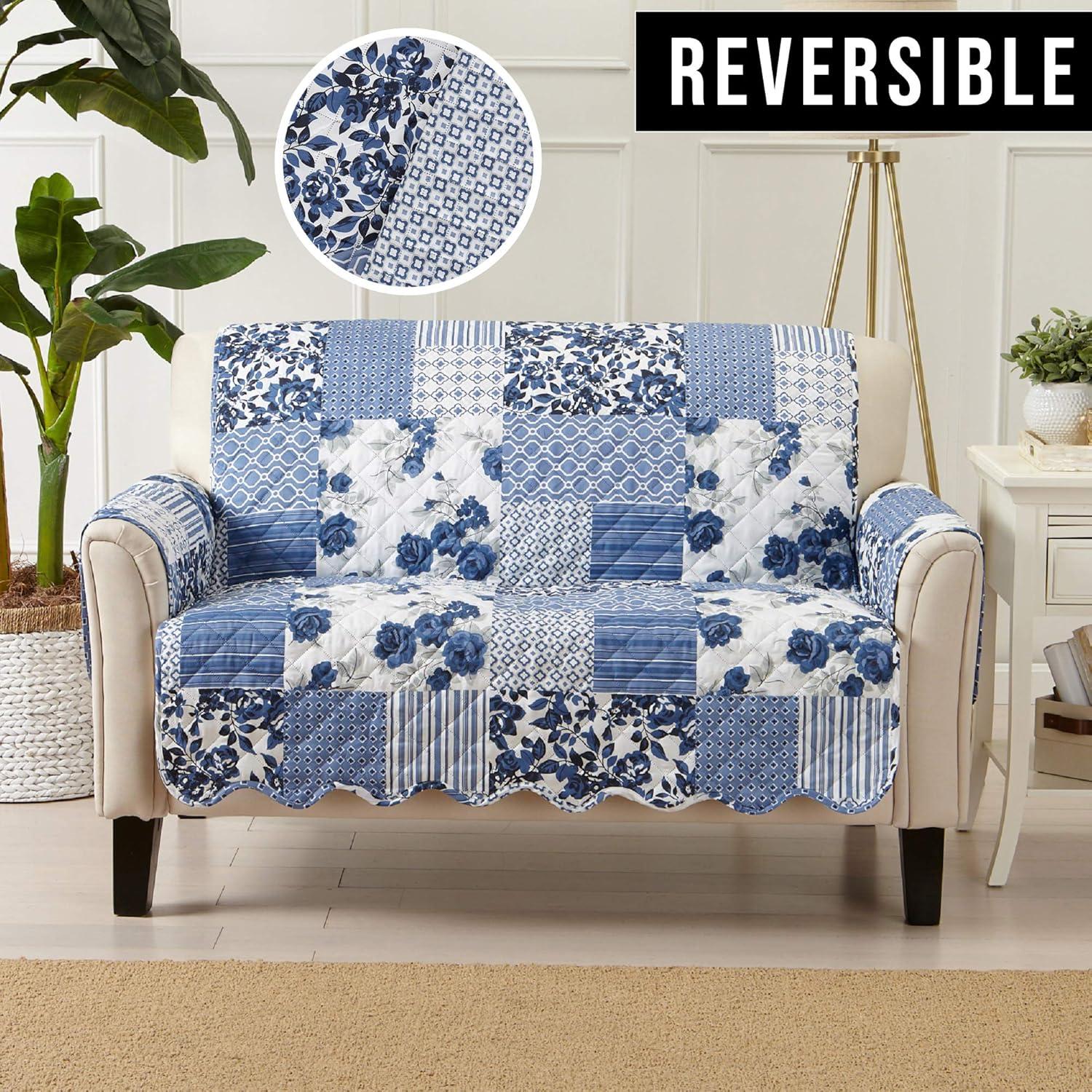 Reversible Stitched Patchwork Sofa Furniture Protector - Great Bay Home(Loveseat, Navy)