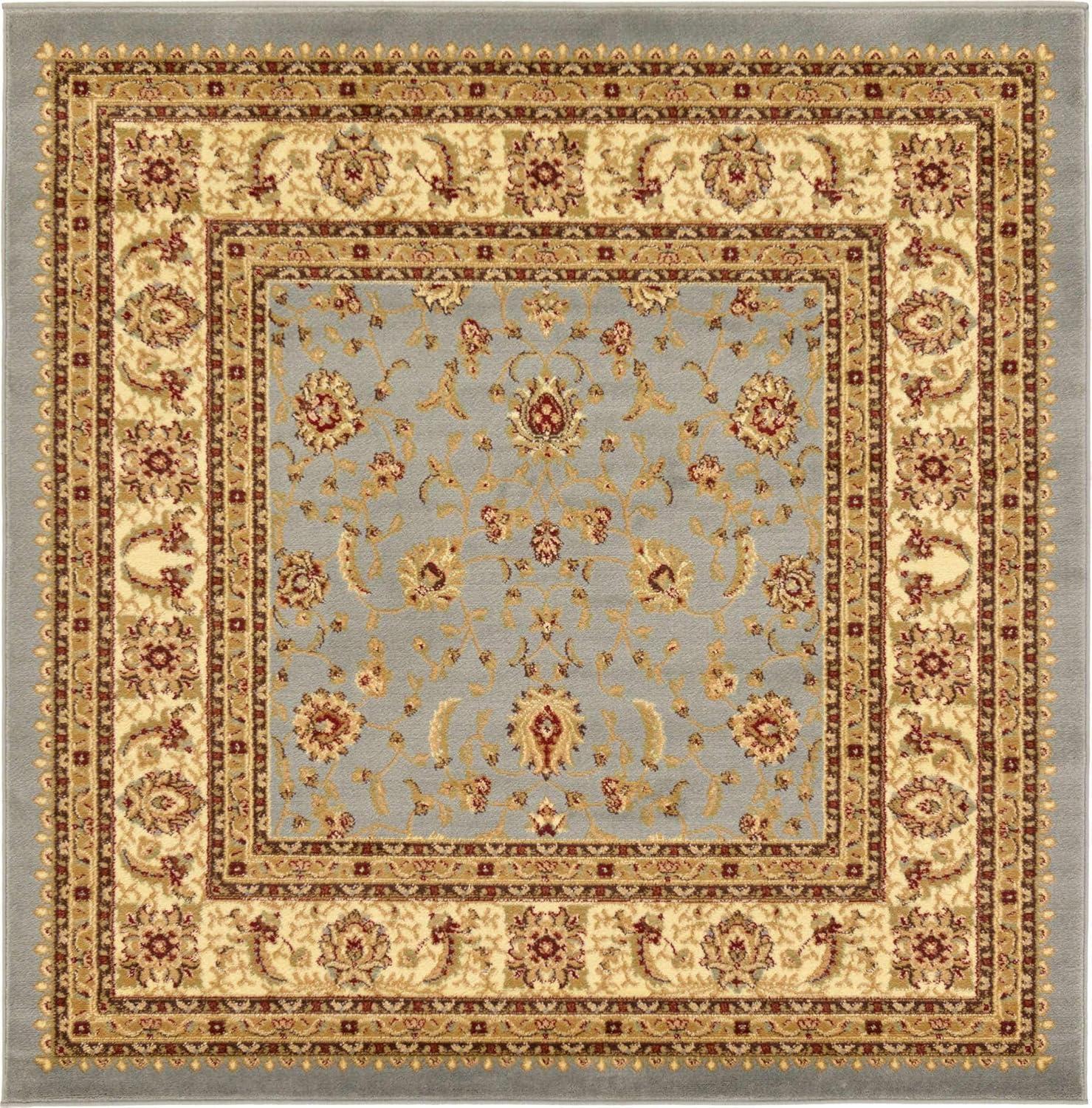 Elegant Floral Light Blue Synthetic Square Rug, 6' x 6'