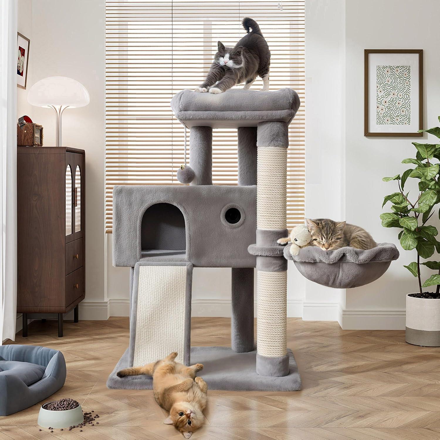 36" Small Cat Tower With Hammock, Sisal Scratching Posts, And Ramp, Perfect For Indoor Cats