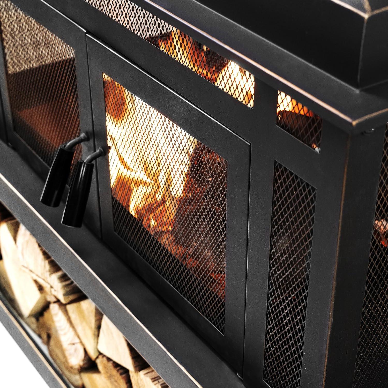 Deko Living Rimasco 80 Inch Rectangular Outdoor Steel Wood Burning Fireplace with Log Storage, Poker and Side Tables