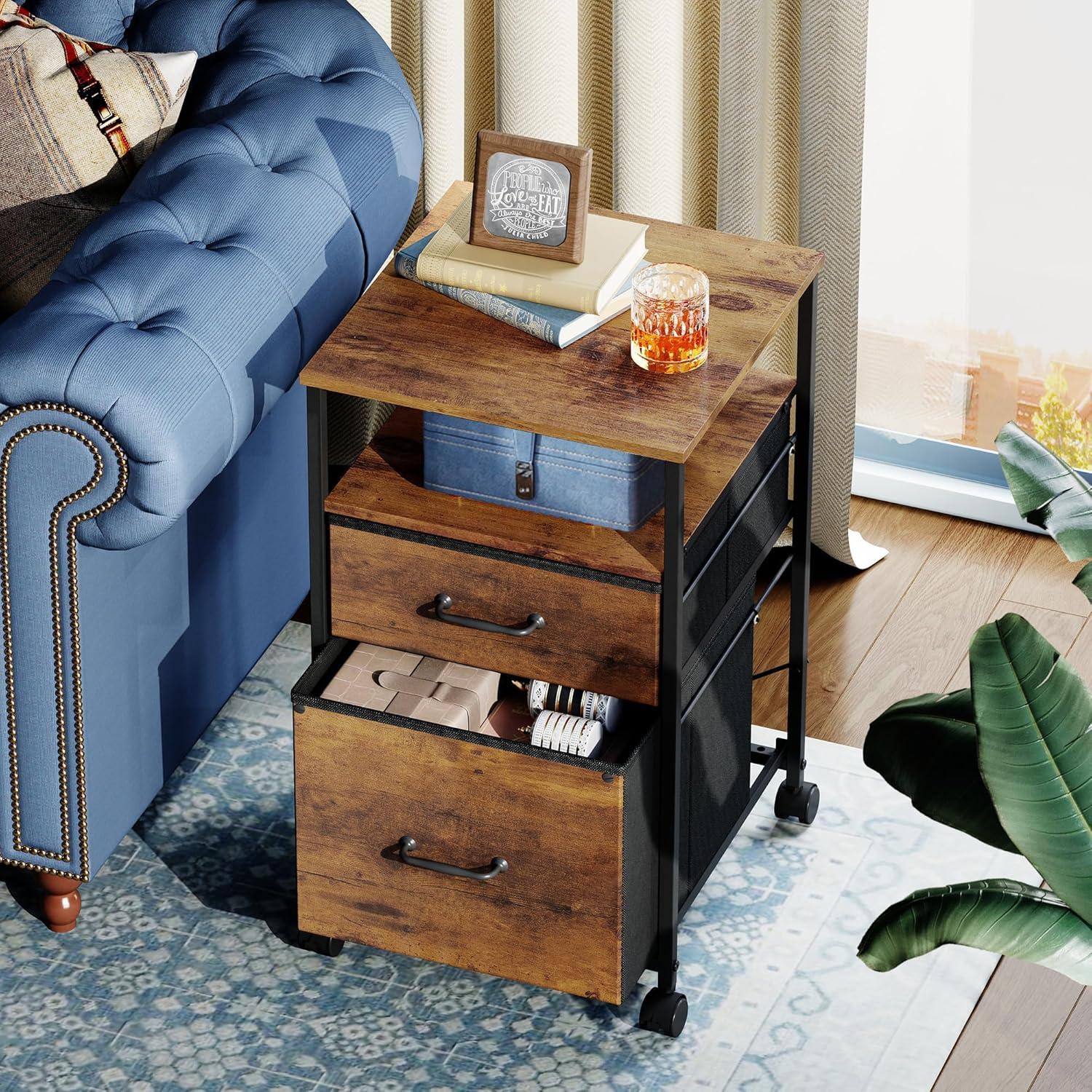 DEVAISE 2 Drawer Mobile File Cabinet, Fabric Vertical Filing Cabinet With Open Storage Shelf,Rolling Printer Stand